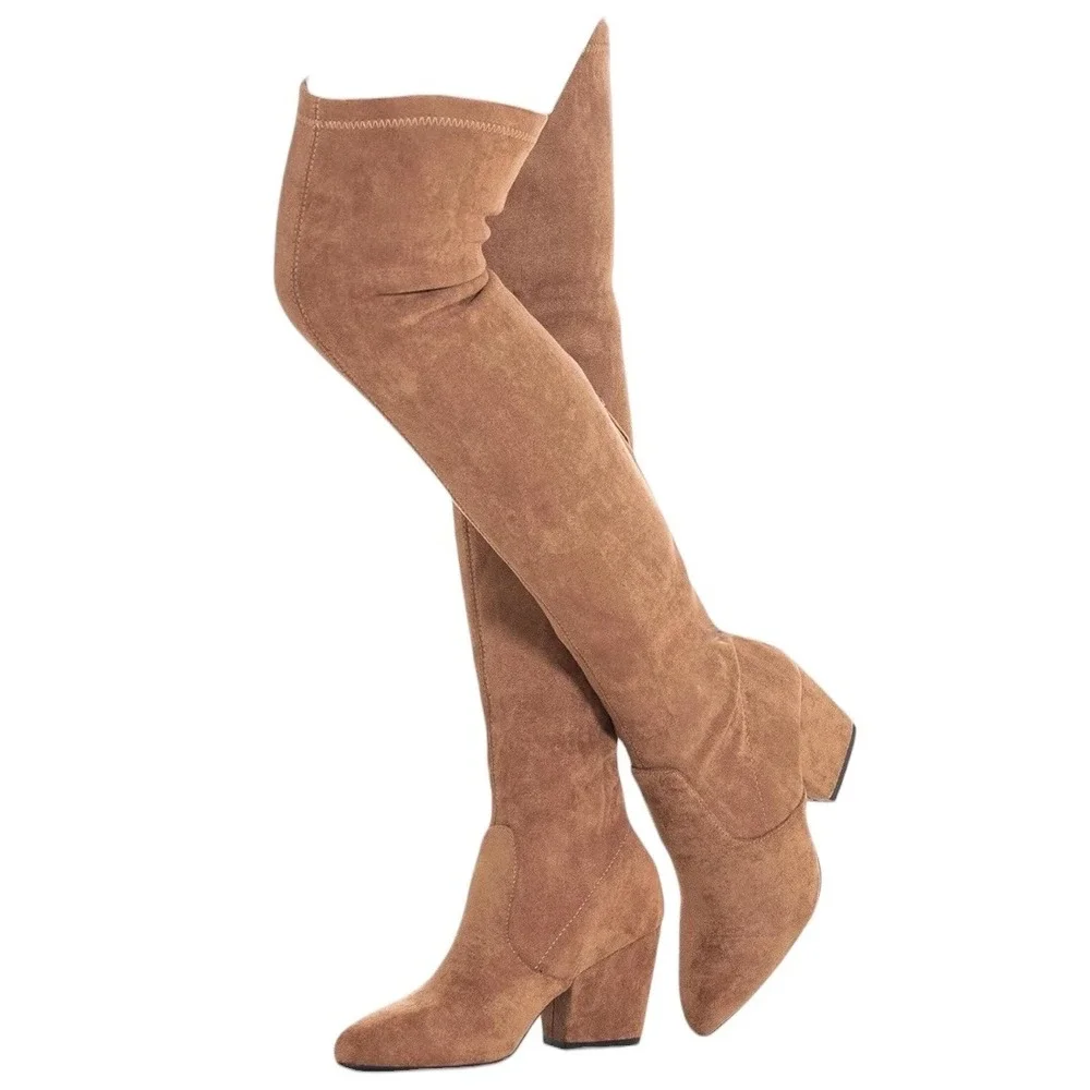 Tan Vegan Suede Over The Knee Boots EU 42‎ US 11 Block Heel Thigh High Boho Chic